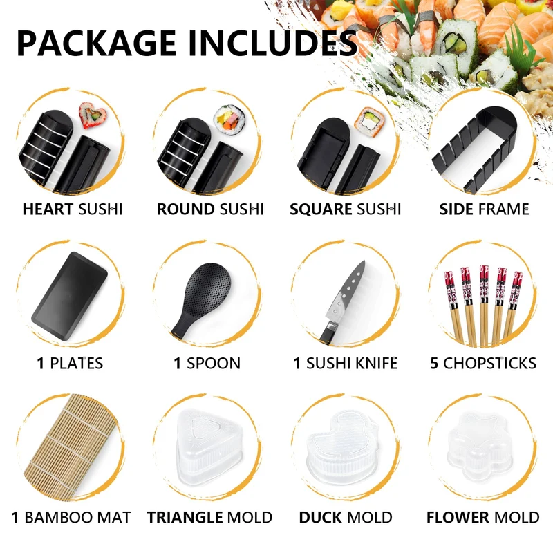 Sushi Set, 20-teiliges Kit für Anfänger, um sich selbst Sushi zu machen, Sushi-Platte mit Reisrollenformen, Gabel, Messer, Rollmatte, Sticks