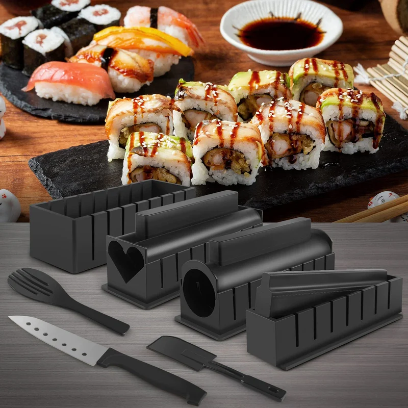 Sushi Set, 20-teiliges Kit für Anfänger, um sich selbst Sushi zu machen, Sushi-Platte mit Reisrollenformen, Gabel, Messer, Rollmatte, Sticks