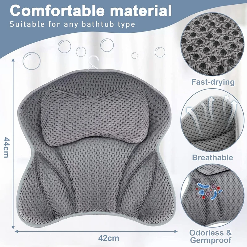 Badekissen, Halskissen für Badewanne, 4D Mesh Halskissen, Badekissen, Komfortbadkissen mit 6 Saugnäpfen für Home Spa und Badewannen, Stützen Kopf, Hals, Schultern, Rücken