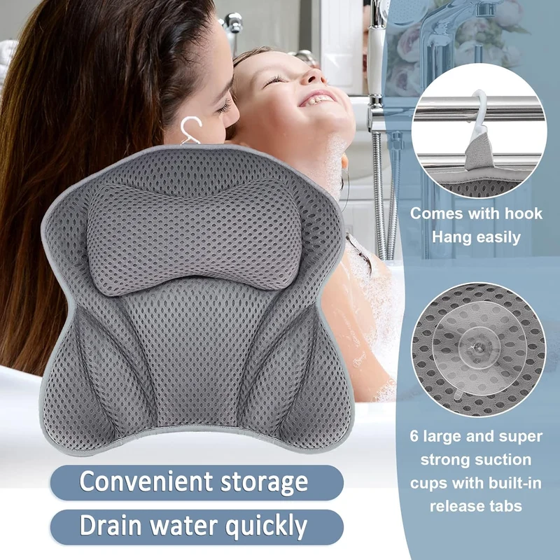 Badekissen, Halskissen für Badewanne, 4D Mesh Halskissen, Badekissen, Komfortbadkissen mit 6 Saugnäpfen für Home Spa und Badewannen, Stützen Kopf, Hals, Schultern, Rücken