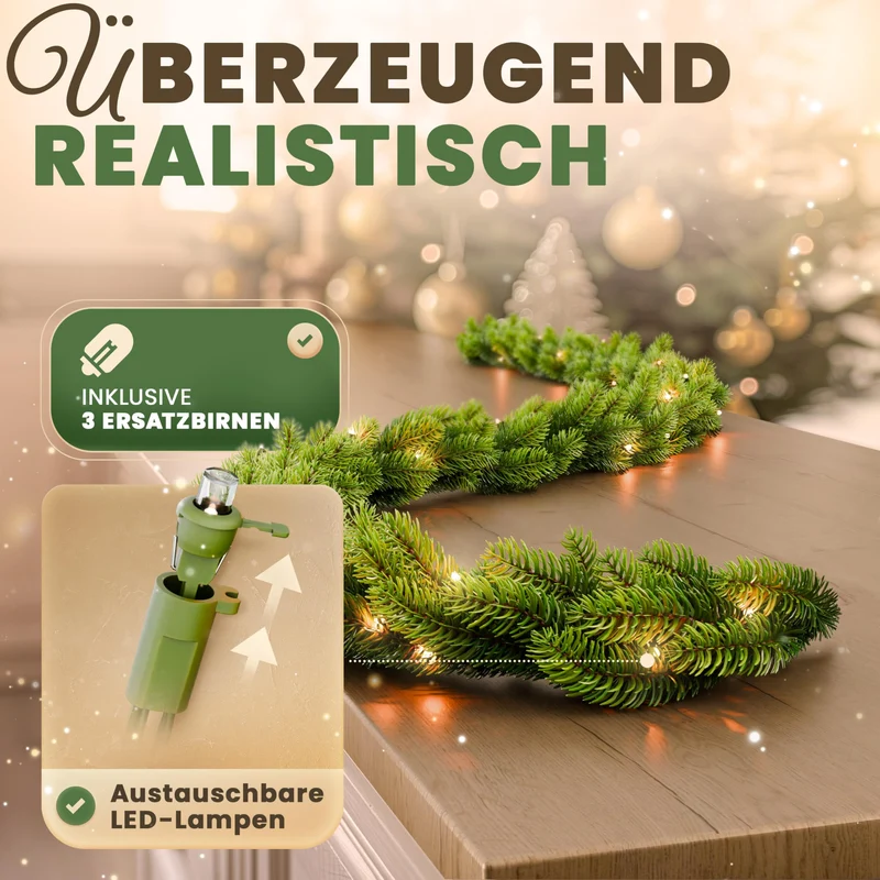 Weihnachtsgirlande - Lebensechte Tannengirlande, Grün, Perfekt für Weihnachtsdekoration, Innen- und Außenbereich, Treppengeländer und Türrahmen