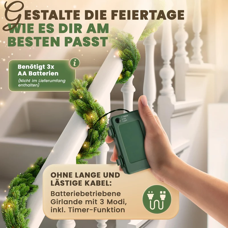 Weihnachtsgirlande - Lebensechte Tannengirlande, Grün, Perfekt für Weihnachtsdekoration, Innen- und Außenbereich, Treppengeländer und Türrahmen