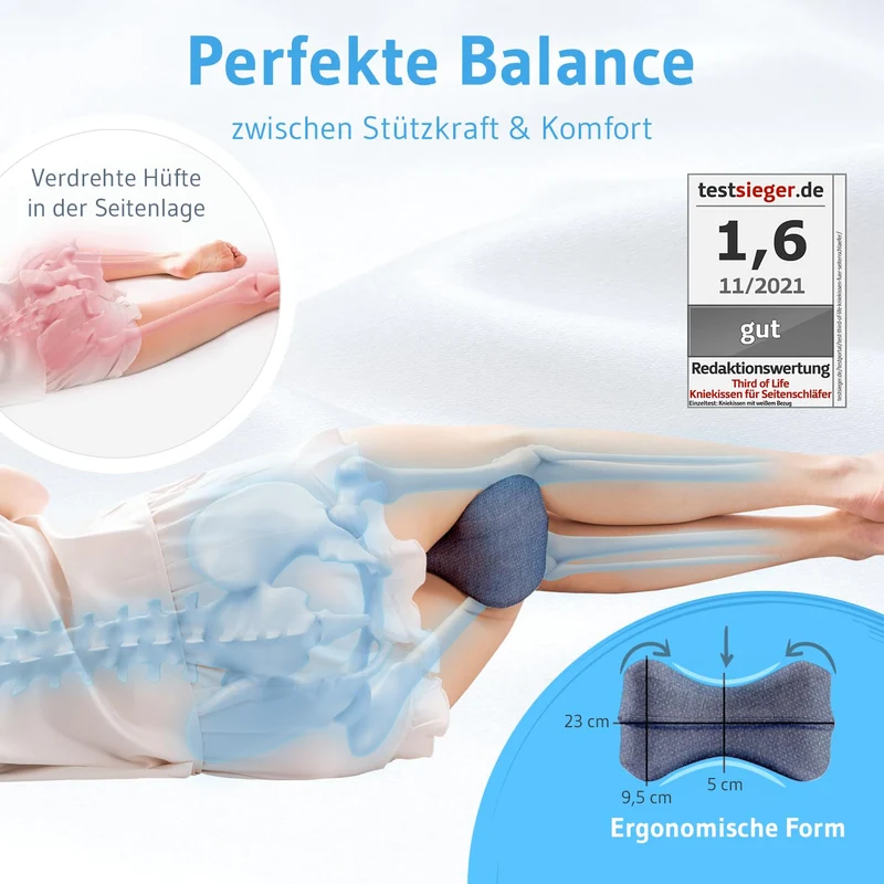 Kniekissen für Seitenschläfer, Orthopädisches Bein-Kissen für eine optimale Schlafhaltung, Ergonomisches Lagerungskissen aus viscoelastischem Memory Schaum, atmungsaktiver & waschbarer Bezug 23,5x9,5