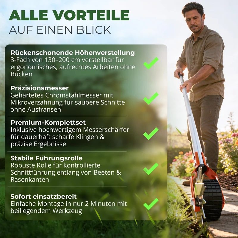 Rasenkantenschneider – 4-teilig Verstellbarer Edelstahlgriff, ideal für Jede Körpergröße, verbesserter gepolsterter Griff, gut ausbalancierte Rollen, inkl. Schleifmesser