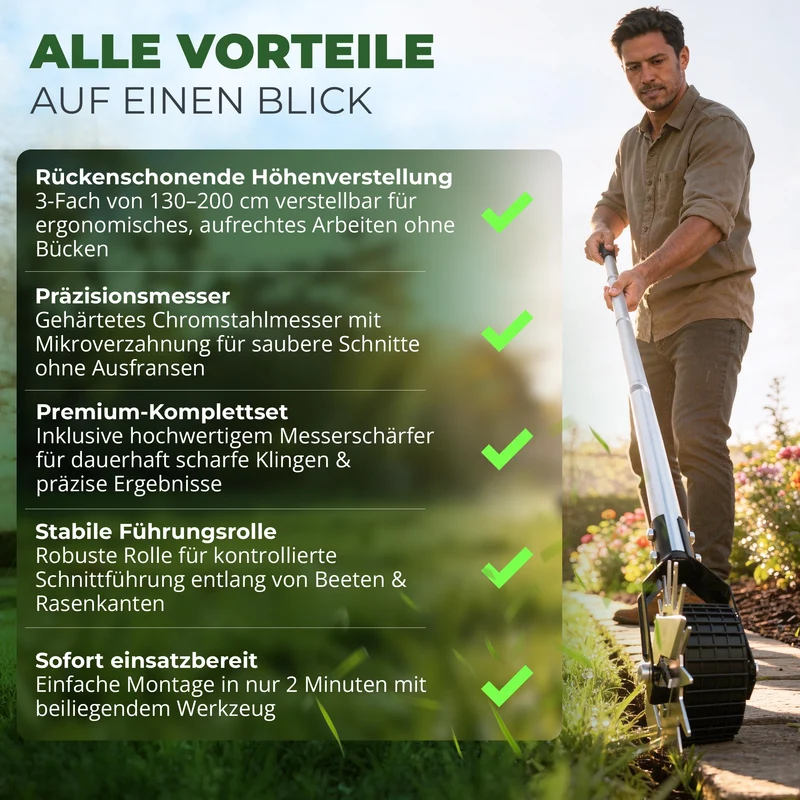 Rasenkantenschneider – 4-teilig Verstellbarer Edelstahlgriff, ideal für Jede Körpergröße, verbesserter gepolsterter Griff, gut ausbalancierte Rollen, inkl. Schleifmesser
