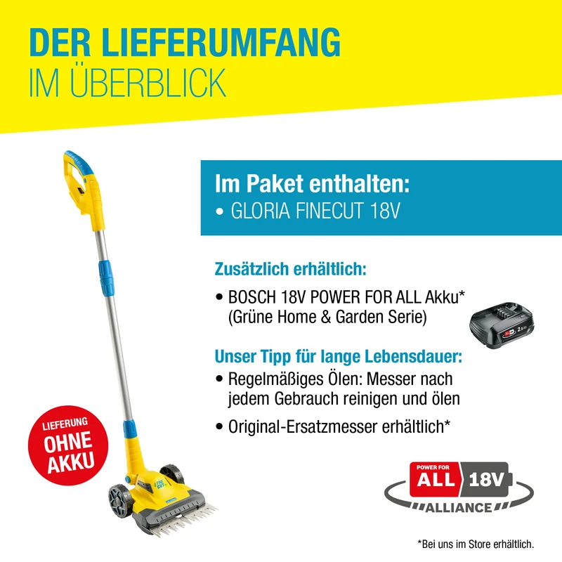 Rasentrimmer & Kantenschneider FineCut Varianten 18V Set | 25 cm Schnittbreite für Rasenkanten & kleine Gärten | inkl. Bosch Akku & Ladegerät | Ideal als Ergänzung zum Mähroboter, Gelb und Blau, Auswahl Varianten
