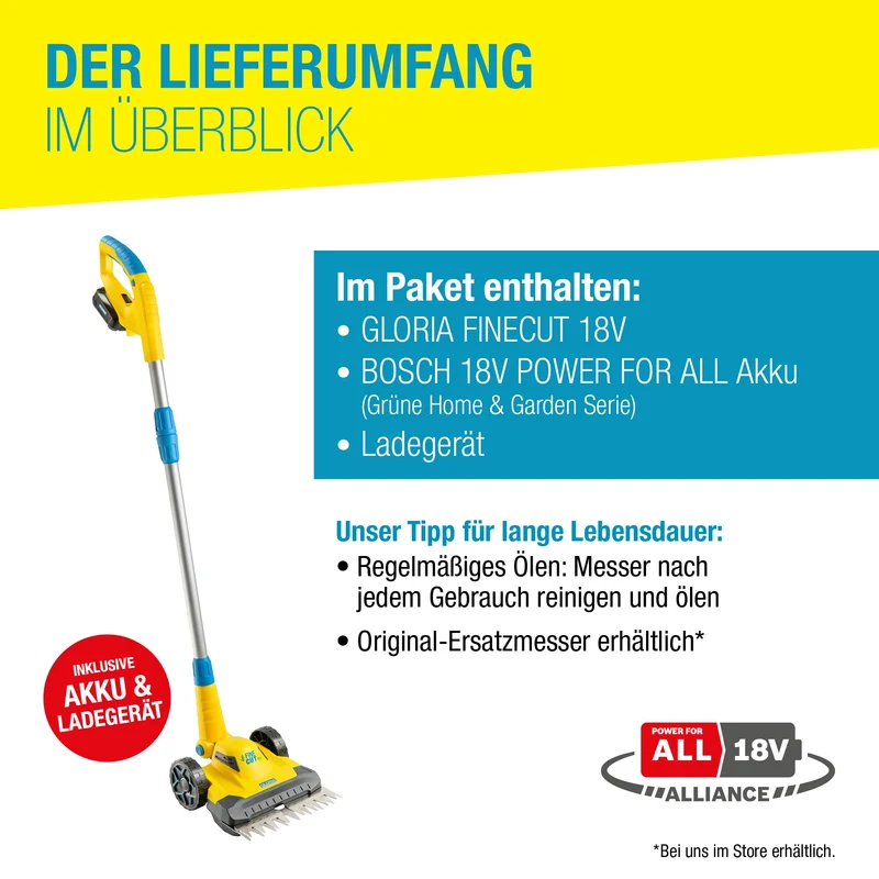 Rasentrimmer & Kantenschneider FineCut Varianten 18V Set | 25 cm Schnittbreite für Rasenkanten & kleine Gärten | inkl. Bosch Akku & Ladegerät | Ideal als Ergänzung zum Mähroboter, Gelb und Blau, Auswahl Varianten