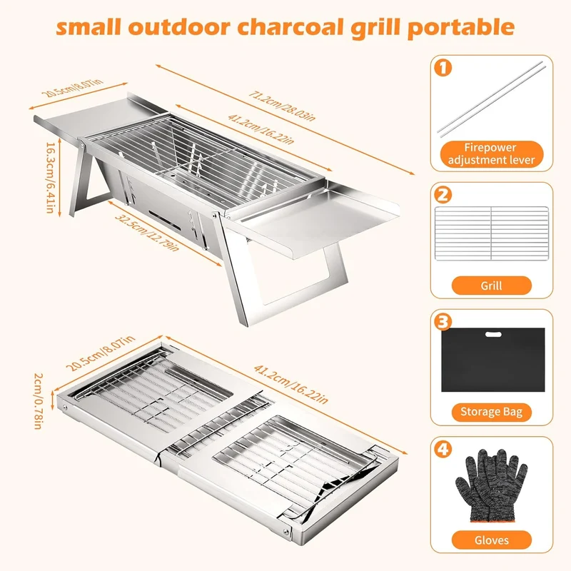 Kleiner Tragbarer Camping Holzkohlegrill, Mini tischgrill holzkohle mit 4-stufiger Hitzeverstellung, reise Klappgrill für Outdoor, Camping, Garten, picknick, Strand & Party Barbecue