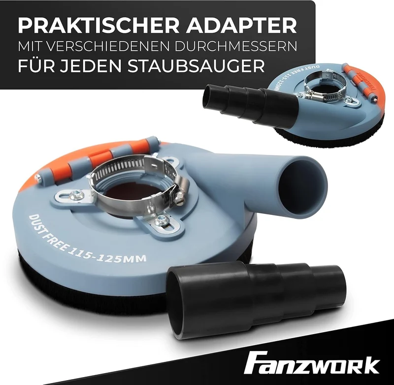 Absaugaufsatz Absaughaube für Winkelschleifer inkl. 125 mm Diamantschleiftopf PROFI QUALITÄT – Bürsten auswechselbar – 99% universal passend – verstärkter Adapterring – M14 Adapter