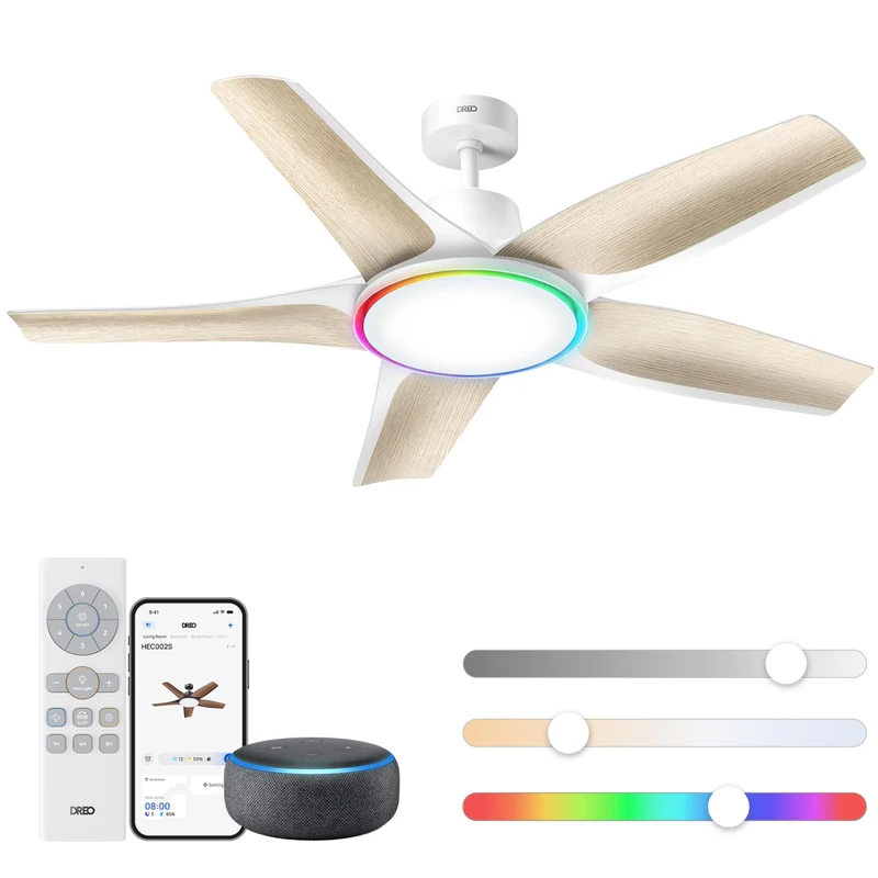 Smarter Low-Profile-Deckenventilator mit Licht, 132 cm, dimmbare LED mit einstellbarer Farbtemperatur, RGB-Ambientlicht, leiser DC-Motor, einfache Montage, App- & Alexa-Steuerung, weiß