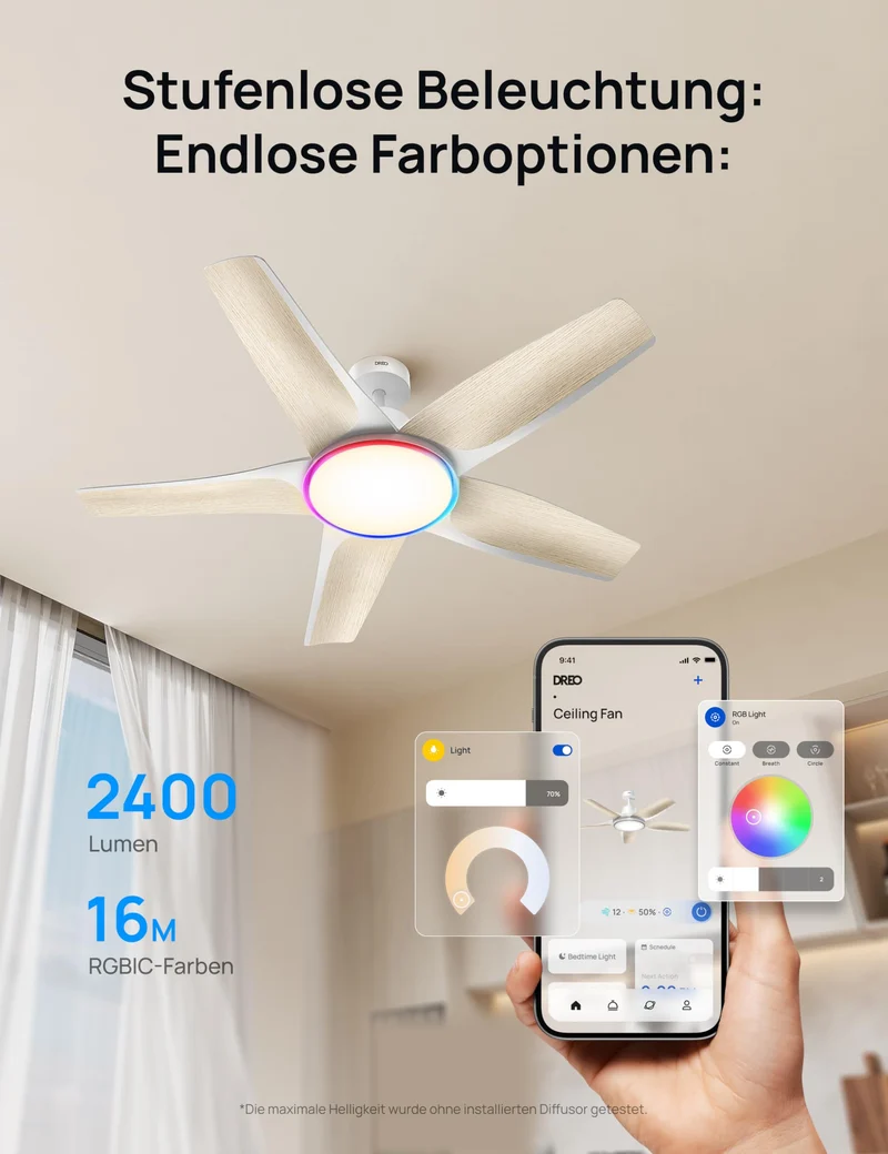 Smarter Low-Profile-Deckenventilator mit Licht, 132 cm, dimmbare LED mit einstellbarer Farbtemperatur, RGB-Ambientlicht, leiser DC-Motor, einfache Montage, App- & Alexa-Steuerung, weiß