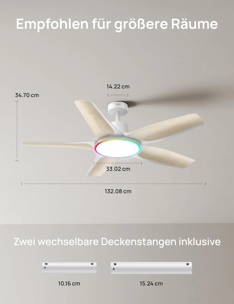 Smarter Low-Profile-Deckenventilator mit Licht, 132 cm, dimmbare LED mit einstellbarer Farbtemperatur, RGB-Ambientlicht, leiser DC-Motor, einfache Montage, App- & Alexa-Steuerung, weiß