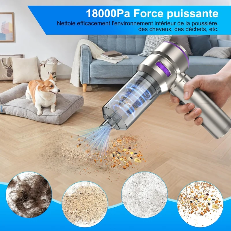 Handstaubsauger, 4-in-1 Handstaubsauger Akku kabellos, 18000Pa Autostaubsauger stark mit bürstenlosem Motor, 3-Gang Mini Staubsauger für Büro, Zuhause, Küche, Haustierhaar
