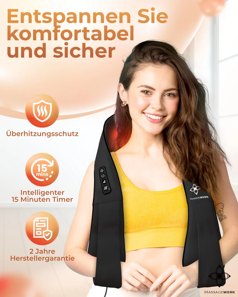 Shiatsu Rücken- und Halsmassagegerät / Elektrischer Nackenmassagegerät mit Wärmefunktion / Ergonomisch, Ideal zur Linderung von Muskelverspannungen und Schmerzen