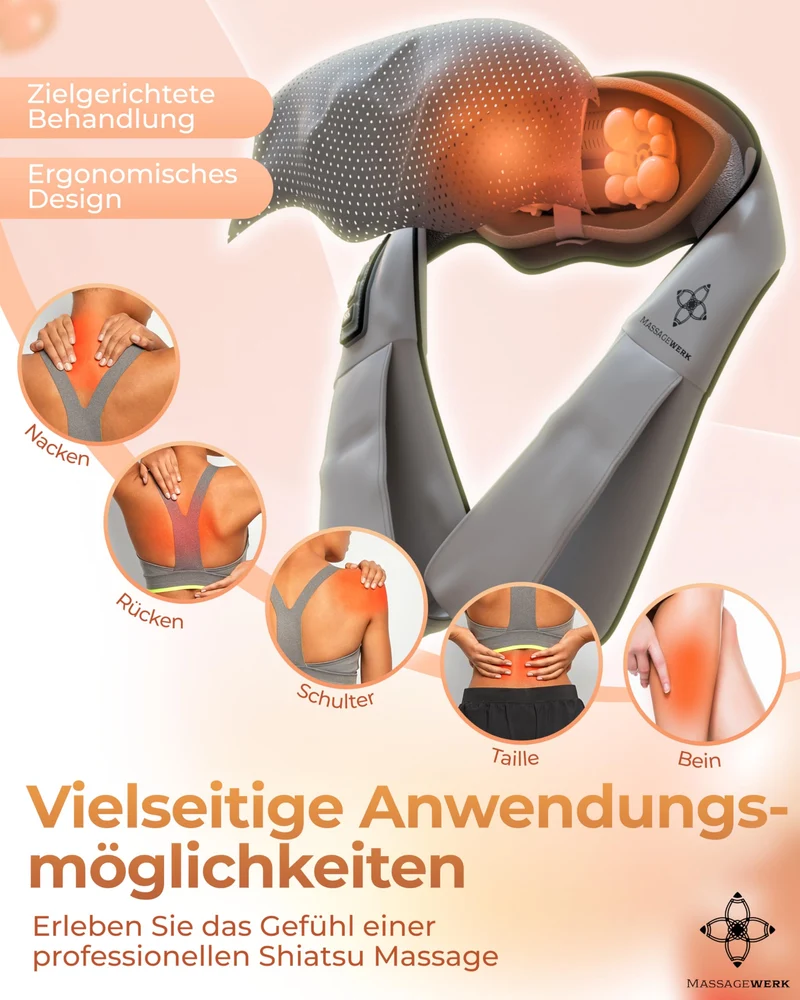 Shiatsu Rücken- und Halsmassagegerät / Elektrischer Nackenmassagegerät mit Wärmefunktion / Ergonomisch, Ideal zur Linderung von Muskelverspannungen und Schmerzen