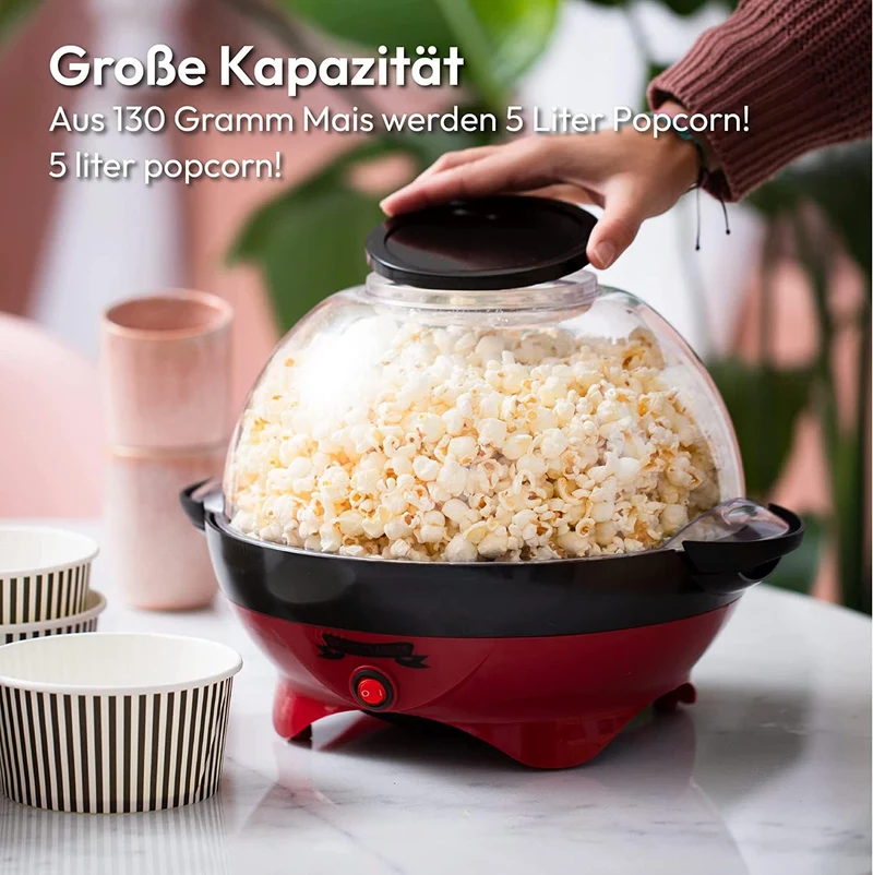 Popcorn Machine Large - Retro Popcorn Maker 5 L - Popcorn Maker with Non-Stick Coating and Removable Heating Surface - Popcorn Machine Red - Popcorn Machine 800 W - Popcorn Machine