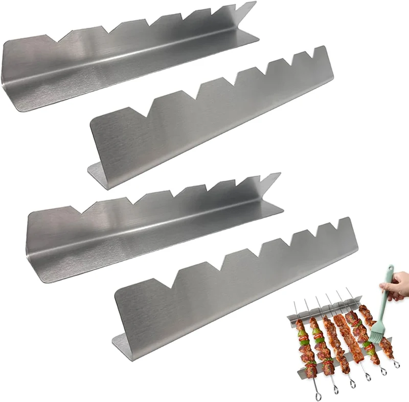 4 Stück Grillspiesse Edelstahl Rack, Schaschlik Aufsatz für Gasgrill Spiesse Grill für 6 Spieße BBQ Grill Zubehör für im Freien beim Camping Wandern oder Picknick