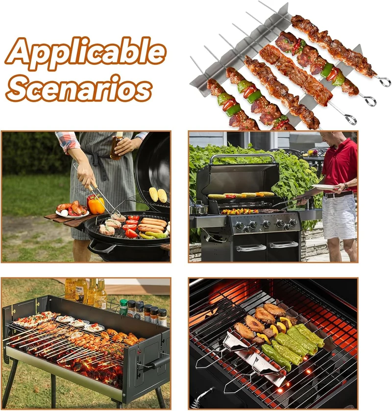 4 Stück Grillspiesse Edelstahl Rack, Schaschlik Aufsatz für Gasgrill Spiesse Grill für 6 Spieße BBQ Grill Zubehör für im Freien beim Camping Wandern oder Picknick
