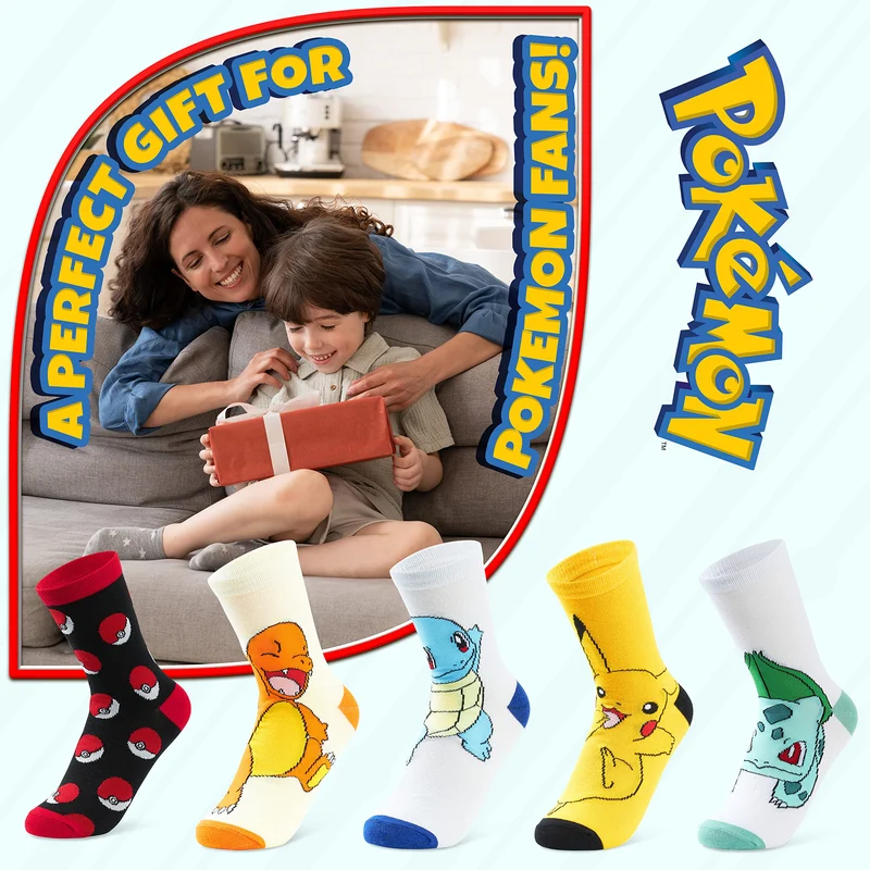 Pokemon Jungen Socken 5 Pack Pikachu Knöchel Socken Kinder Dehnbar Atmungsaktiv Crew Socken für Jungen Mädchen und Jugendliche - Verschiedene Größen Erhältlich - Pokemon Geschenke