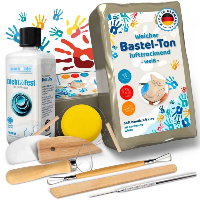 Selbsttrocknender Ton – Bastelton lufthärtend – extra stabil mit Bindemittel – für Kinder & Einsteiger