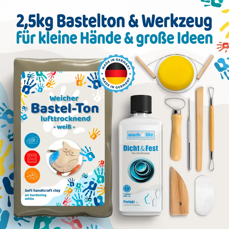 Selbsttrocknender Ton – Bastelton lufthärtend – extra stabil mit Bindemittel – für Kinder & Einsteiger
