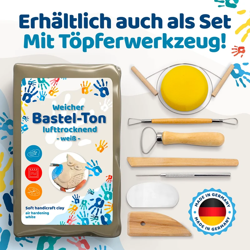 Selbsttrocknender Ton – Bastelton lufthärtend – extra stabil mit Bindemittel – für Kinder & Einsteiger
