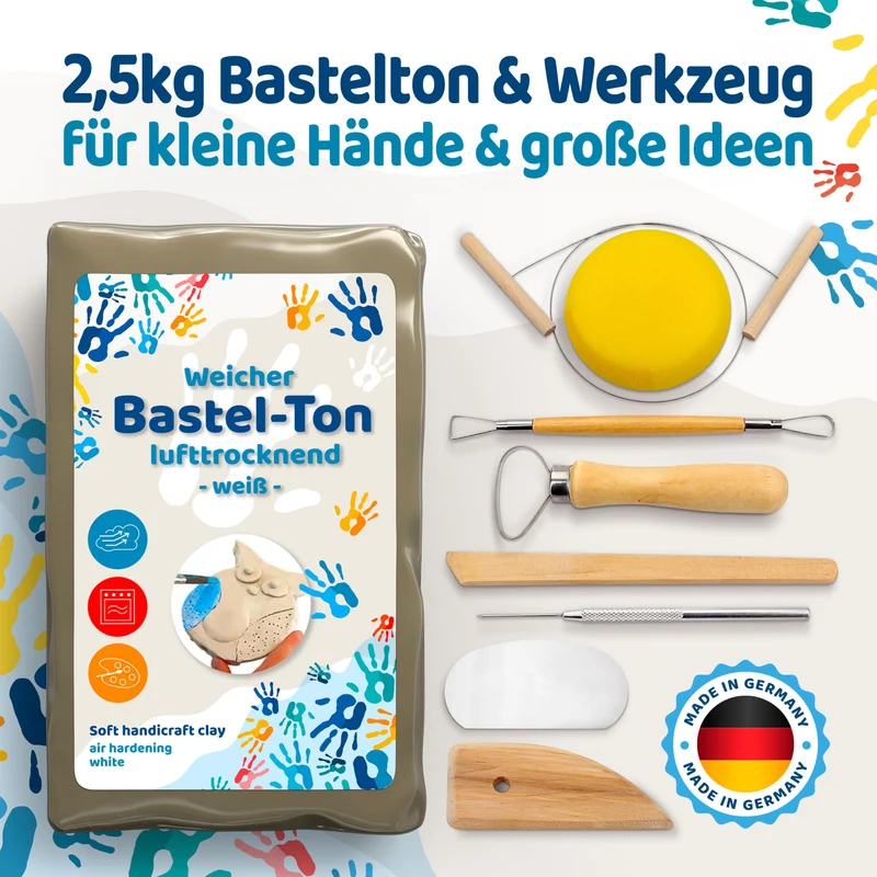 Selbsttrocknender Ton – Bastelton lufthärtend – extra stabil mit Bindemittel – für Kinder & Einsteiger