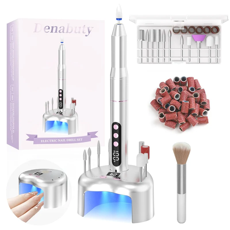 Nagelfräser Kabellos, Elektrische Nagelfeile Professionelle 2 in 1 Fräser für Gelnägel Acrylnägel mit Nagel UV LED Lampe, Maniküre und Pediküre Set Nail Drill 35000 U/Min Schwarz