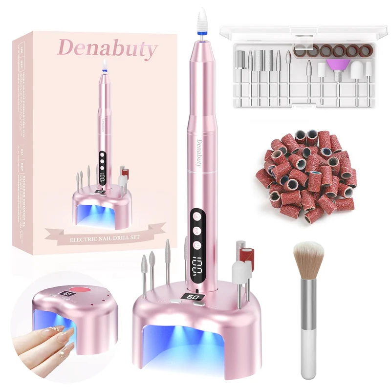Nagelfräser Kabellos, Elektrische Nagelfeile Professionelle 2 in 1 Fräser für Gelnägel Acrylnägel mit Nagel UV LED Lampe, Maniküre und Pediküre Set Nail Drill 35000 U/Min Schwarz