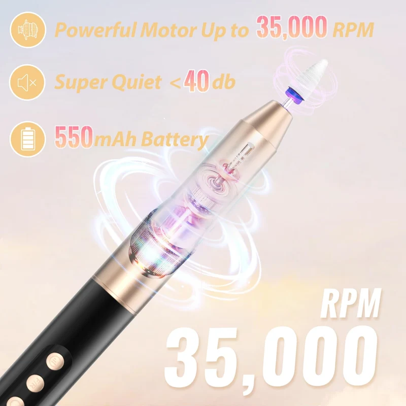 Nagelfräser Kabellos, Elektrische Nagelfeile Professionelle 2 in 1 Fräser für Gelnägel Acrylnägel mit Nagel UV LED Lampe, Maniküre und Pediküre Set Nail Drill 35000 U/Min Schwarz