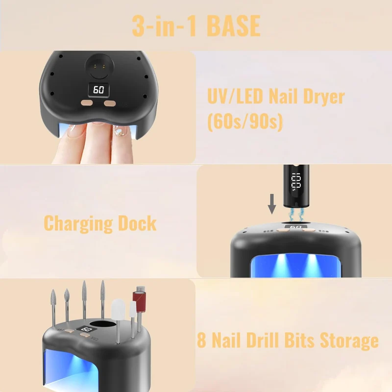 Nagelfräser Kabellos, Elektrische Nagelfeile Professionelle 2 in 1 Fräser für Gelnägel Acrylnägel mit Nagel UV LED Lampe, Maniküre und Pediküre Set Nail Drill 35000 U/Min Schwarz