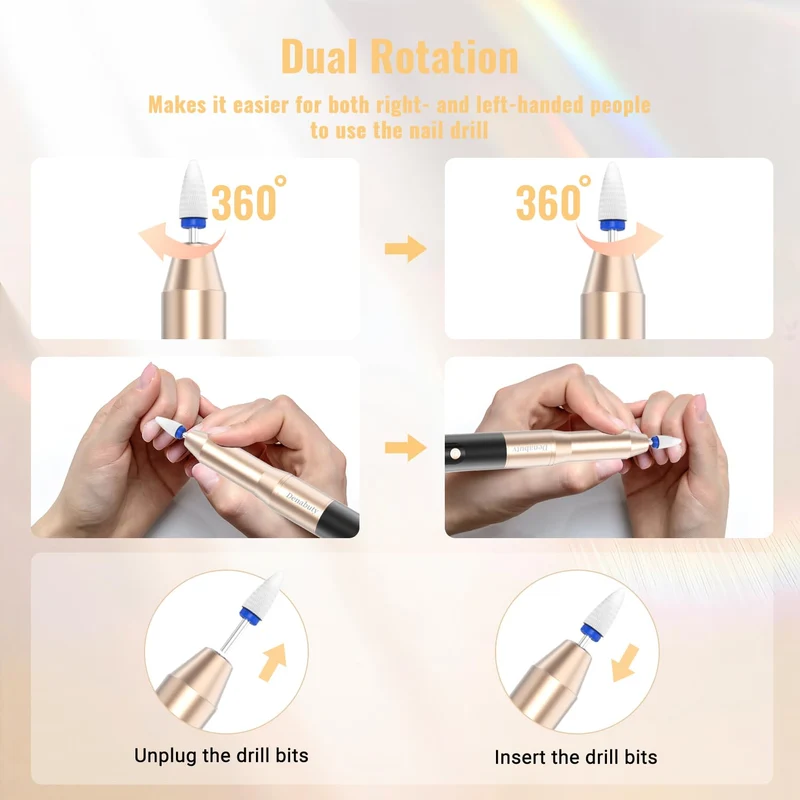 Nagelfräser Kabellos, Elektrische Nagelfeile Professionelle 2 in 1 Fräser für Gelnägel Acrylnägel mit Nagel UV LED Lampe, Maniküre und Pediküre Set Nail Drill 35000 U/Min Schwarz
