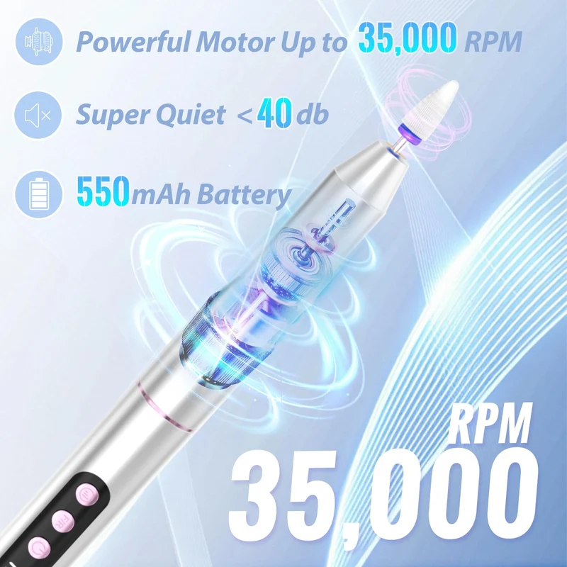 Nagelfräser Kabellos, Elektrische Nagelfeile Professionelle 2 in 1 Fräser für Gelnägel Acrylnägel mit Nagel UV LED Lampe, Maniküre und Pediküre Set Nail Drill 35000 U/Min Schwarz