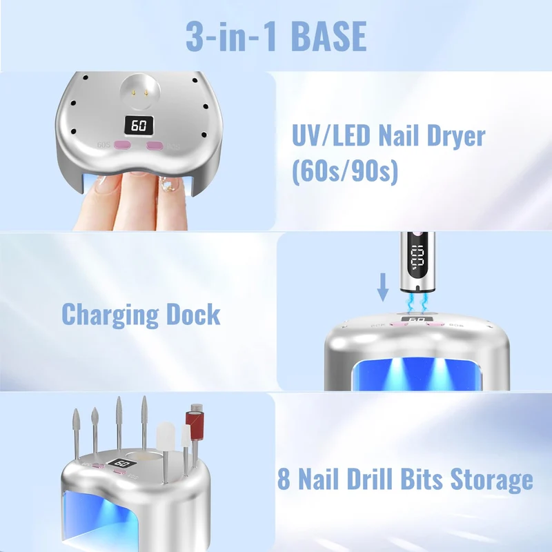Nagelfräser Kabellos, Elektrische Nagelfeile Professionelle 2 in 1 Fräser für Gelnägel Acrylnägel mit Nagel UV LED Lampe, Maniküre und Pediküre Set Nail Drill 35000 U/Min Schwarz