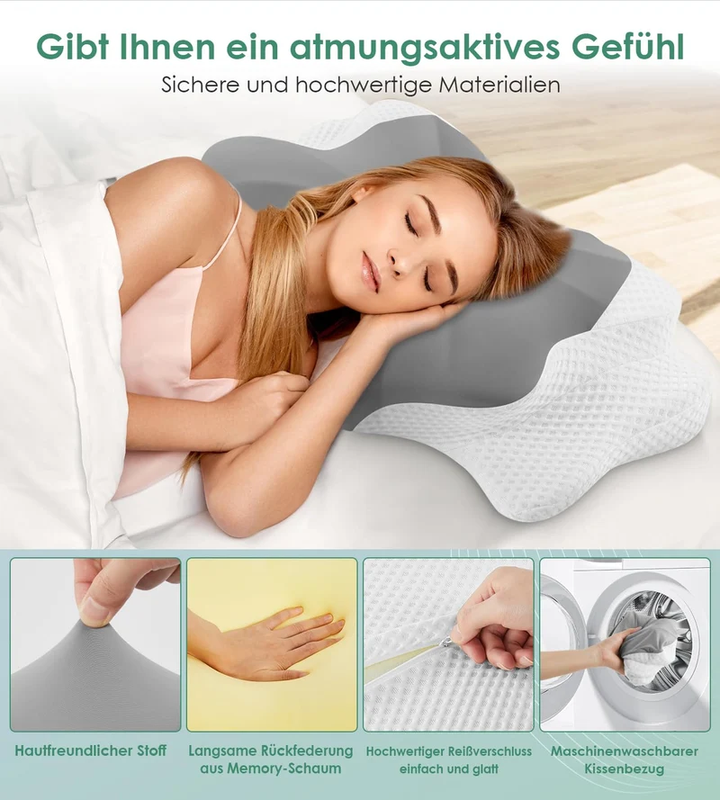 Halskissen, Memory Foam Kissen, Schlafkissen für Seiten, Rücken- und Magenschläfer