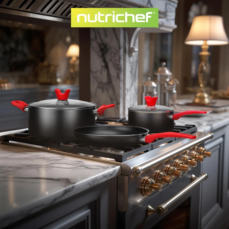 Töpfe & Pfannen Set, 21-teiliges Anti-Stick-Kochen und Backset mit Muffinform, Brot & Pizza Tray, Utensils, für Gas, Elektrik & Keramik, für moderne Haushalte und Hobbybäcker, Schwarz