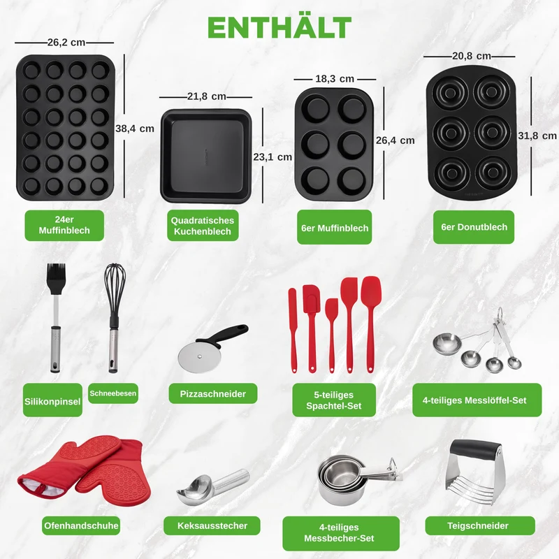 Töpfe & Pfannen Set, 21-teiliges Anti-Stick-Kochen und Backset mit Muffinform, Brot & Pizza Tray, Utensils, für Gas, Elektrik & Keramik, für moderne Haushalte und Hobbybäcker, Schwarz