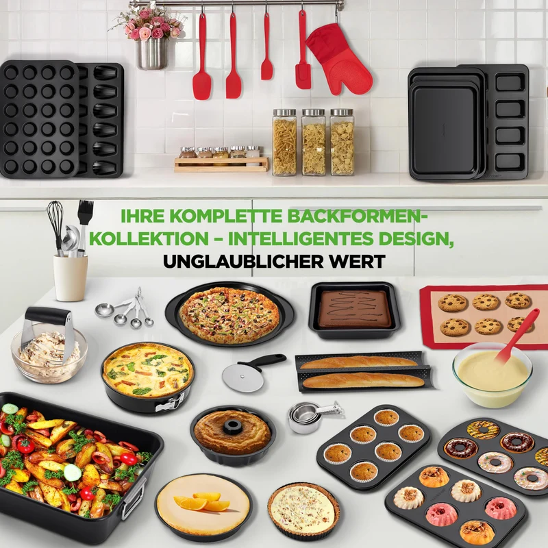 Töpfe & Pfannen Set, 21-teiliges Anti-Stick-Kochen und Backset mit Muffinform, Brot & Pizza Tray, Utensils, für Gas, Elektrik & Keramik, für moderne Haushalte und Hobbybäcker, Schwarz