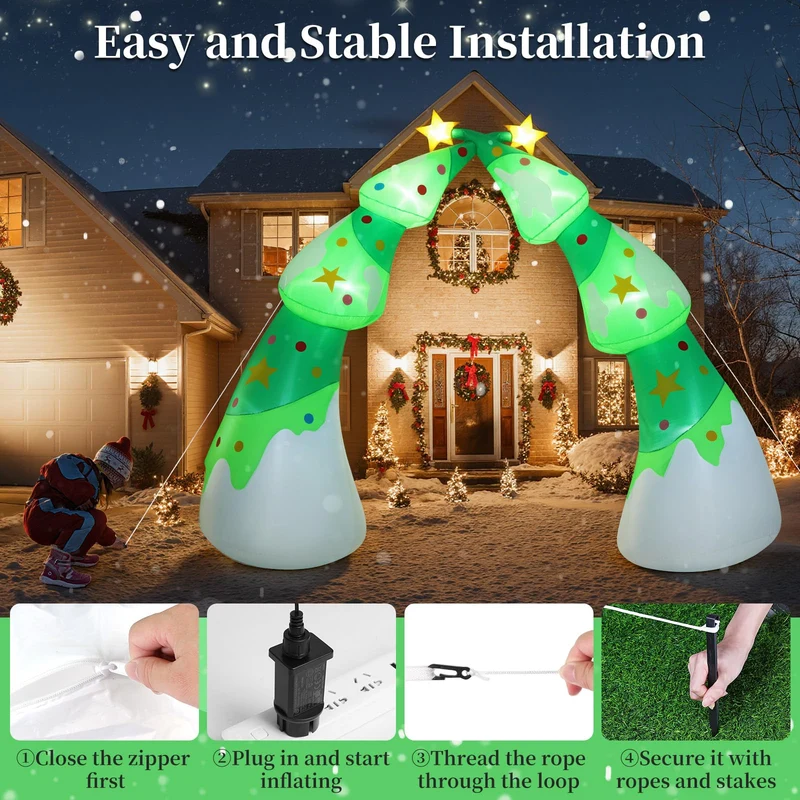 Aufblasbare Weihnachtsdeko, Riesiger Weihnachtsbaum Bogen mit 8 LED Leuchten, Wasserfest Beleuchtet Aufblasbar Weihnachtsdeko Aussen für Hof Garten Feiertag Weihnachtsdekoration