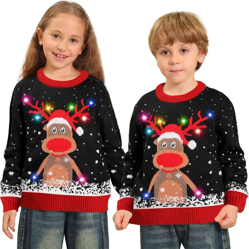 Hässliche Weihnachtspullover Kinder mit LED, hässlicher Weihnachtspullover, lustiges Weihnachtspullover Familienset, Weihnachtspullover Weihnachten mit Beleuchtung für Mädchen, Jungen
