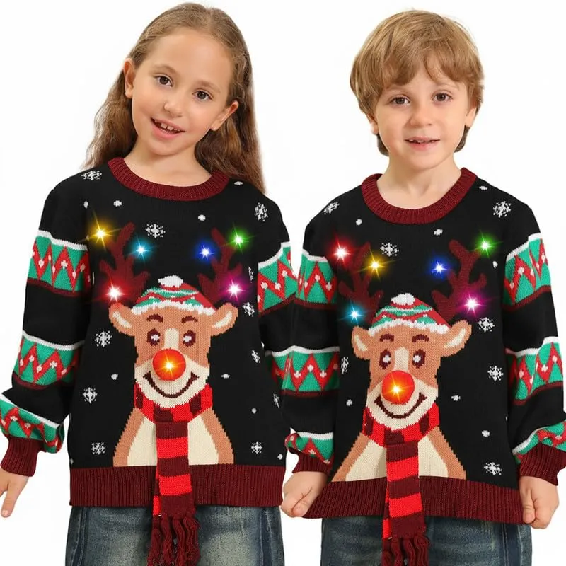 Hässliche Weihnachtspullover Kinder mit LED, hässlicher Weihnachtspullover, lustiges Weihnachtspullover Familienset, Weihnachtspullover Weihnachten mit Beleuchtung für Mädchen, Jungen