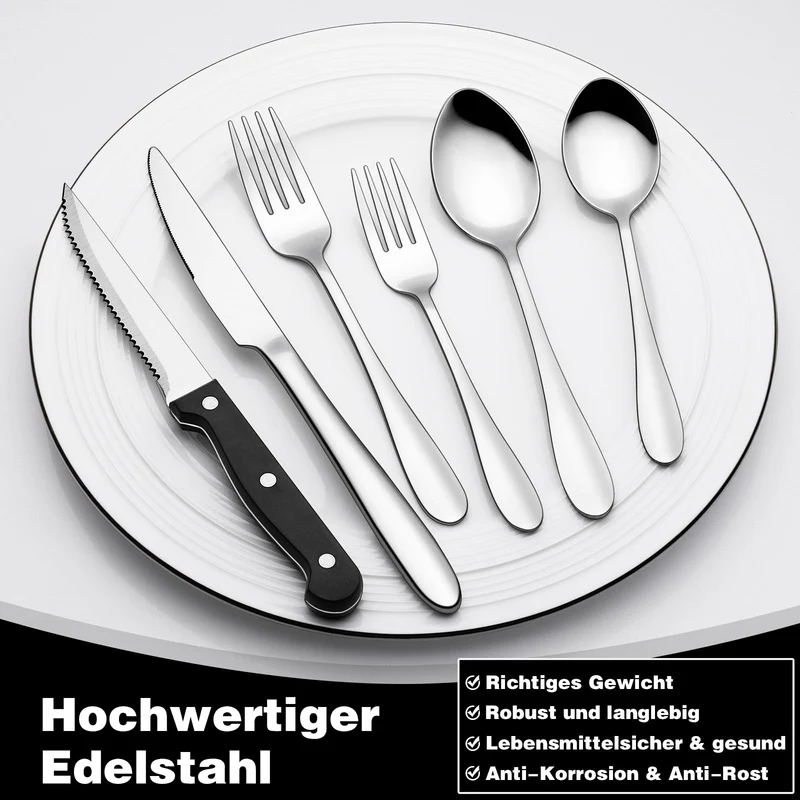 36-teiliges Besteckset aus Edelstahl mit Steakmesser, Besteckset für 6 Personen, elegantes Besteckset mit Messer, Gabel, Löffel, Besteck für Zuhause/Party/Restaurant, Geschirrspüler geeignet