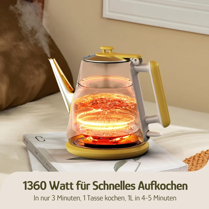 Elektrischer Wasserkocher, 1 Liter, Retro Design, Kleiner Teebereiter, Doppelwand, 304 Edelstahl, 1360W Schnelles Kochen, BPA-frei, automatische Abschaltung