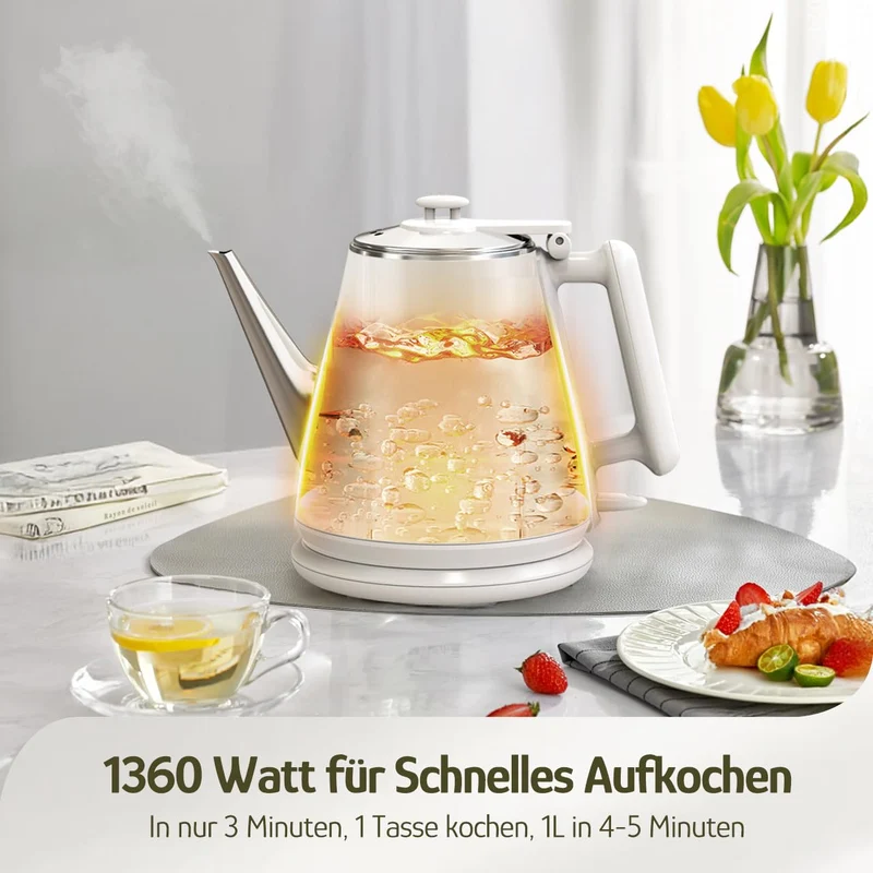 Elektrischer Wasserkocher, 1 Liter, Retro Design, Kleiner Teebereiter, Doppelwand, 304 Edelstahl, 1360W Schnelles Kochen, BPA-frei, automatische Abschaltung