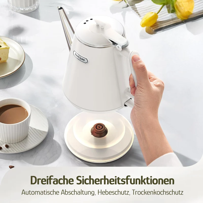 Elektrischer Wasserkocher, 1 Liter, Retro Design, Kleiner Teebereiter, Doppelwand, 304 Edelstahl, 1360W Schnelles Kochen, BPA-frei, automatische Abschaltung