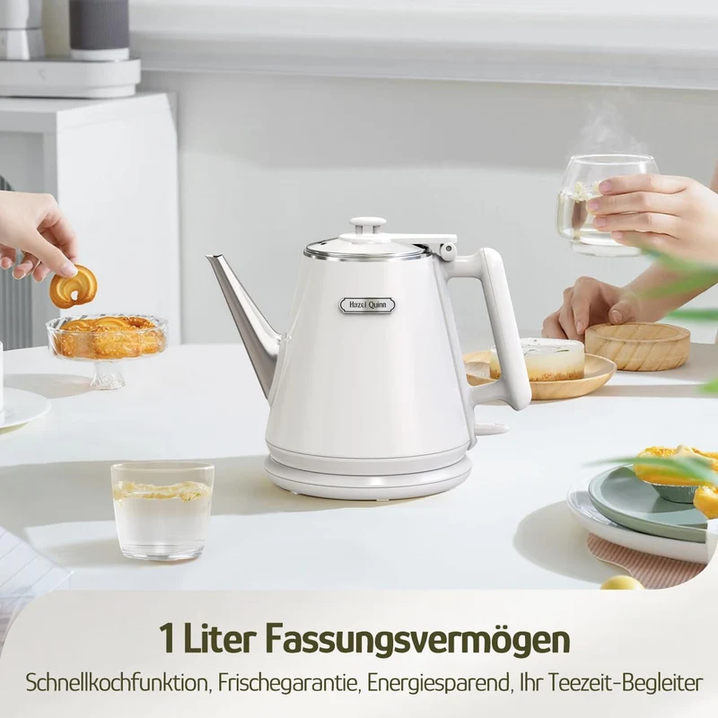 Elektrischer Wasserkocher, 1 Liter, Retro Design, Kleiner Teebereiter, Doppelwand, 304 Edelstahl, 1360W Schnelles Kochen, BPA-frei, automatische Abschaltung