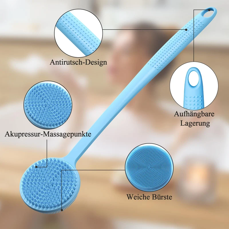 Silikon Rückenschrubber für Die Dusche, Silikon Körperschrubber mit Langem Griff, Rückenschrubber, Abgestorbene Haut entfernen und Massage