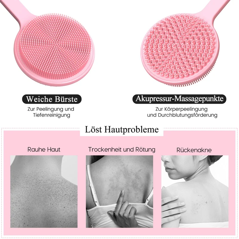 Silikon Rückenschrubber für Die Dusche, Silikon Körperschrubber mit Langem Griff, Rückenschrubber, Abgestorbene Haut entfernen und Massage