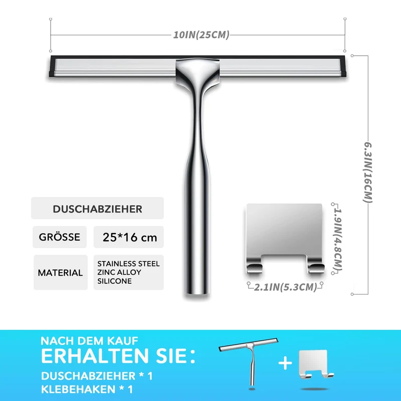 Edelstahl Duschabzieher Mit Selbstklebe Haken, Silber Abzieher Dusche Wischer für Badezimmer, Kurzer Handgriff Glaswischer, Glas Wasserschieber, Duschwand Abzieher, Badwischer