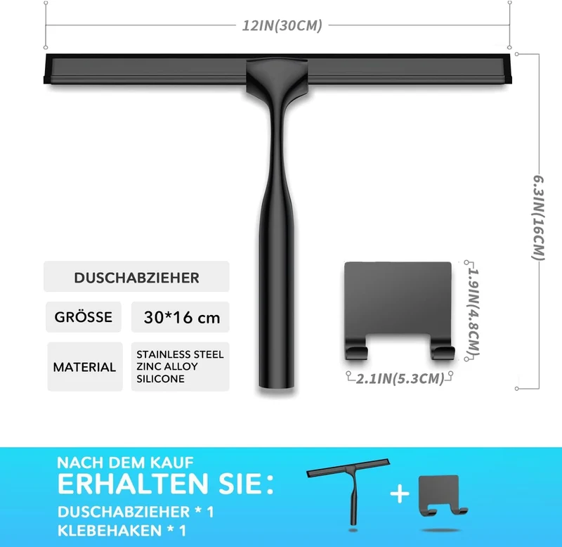 Edelstahl Duschabzieher Mit Selbstklebe Haken, Silber Abzieher Dusche Wischer für Badezimmer, Kurzer Handgriff Glaswischer, Glas Wasserschieber, Duschwand Abzieher, Badwischer